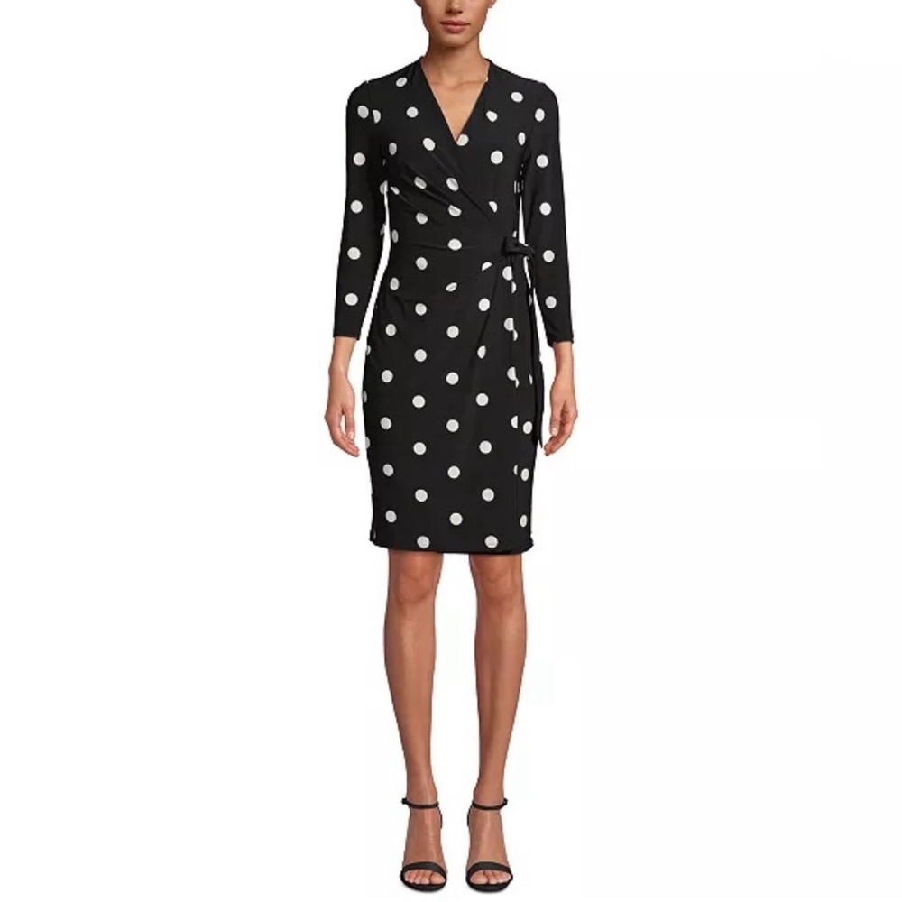 NWT Anne Klein Women’s Black White Dotted Faux Wrap Dress Size XL